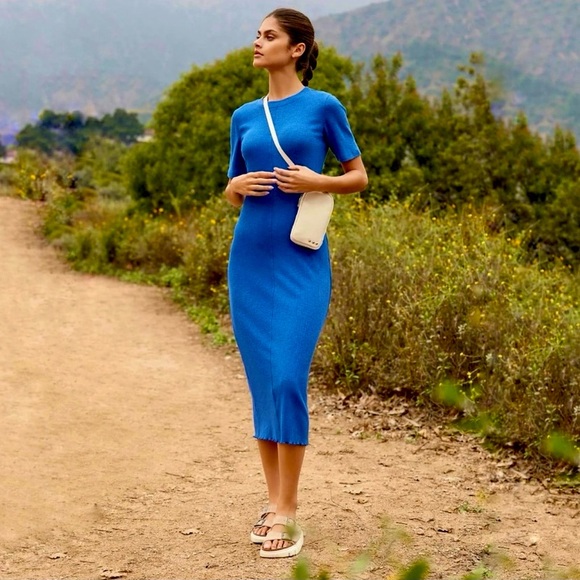 Sweaty Betty Dresses & Skirts - Sweaty Betty Ribbed Midi Dress Short Sleeves Lightning Blue Size XS